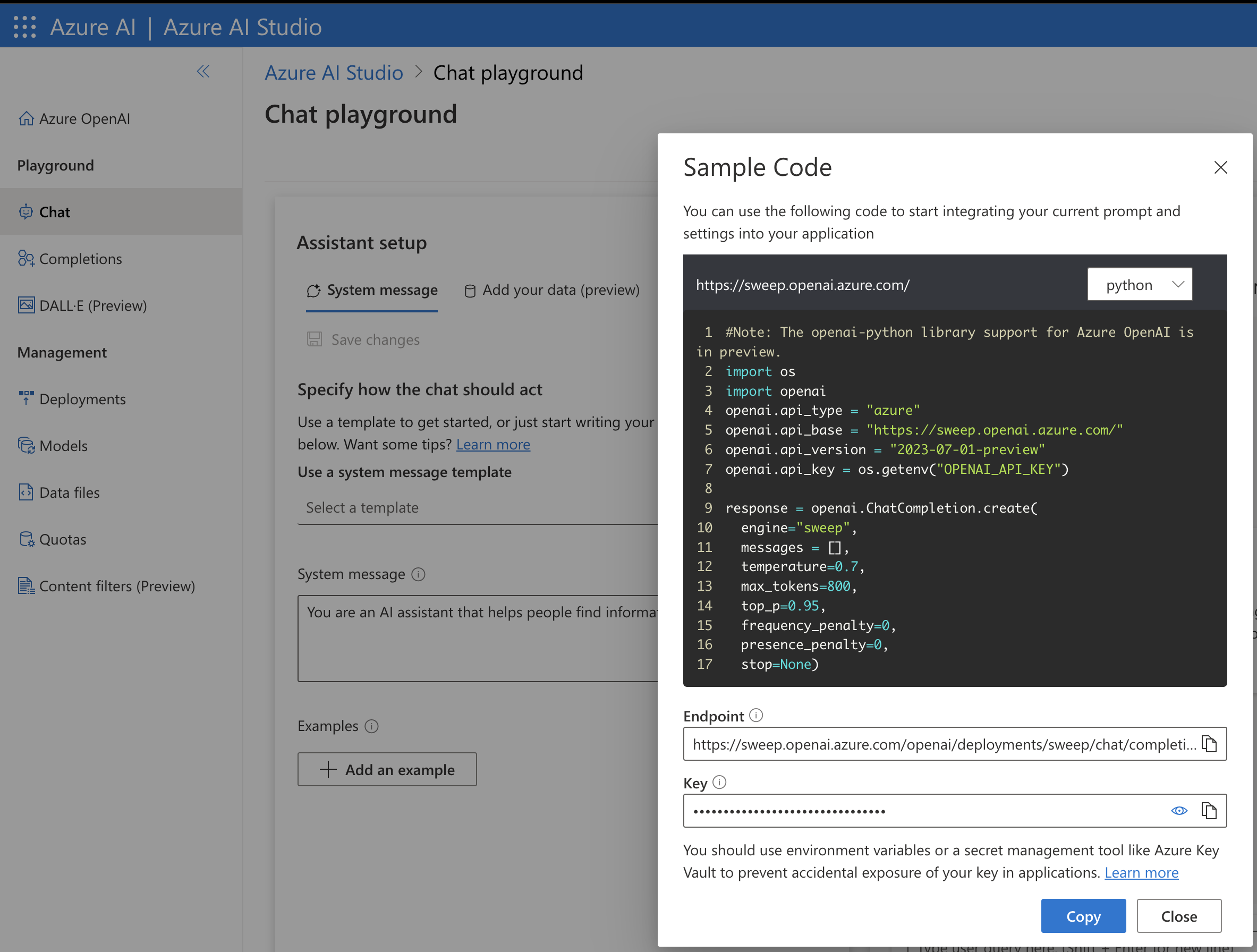 Screenshot of how to deploy Sweep, an AI copilot, on Azure Open AI